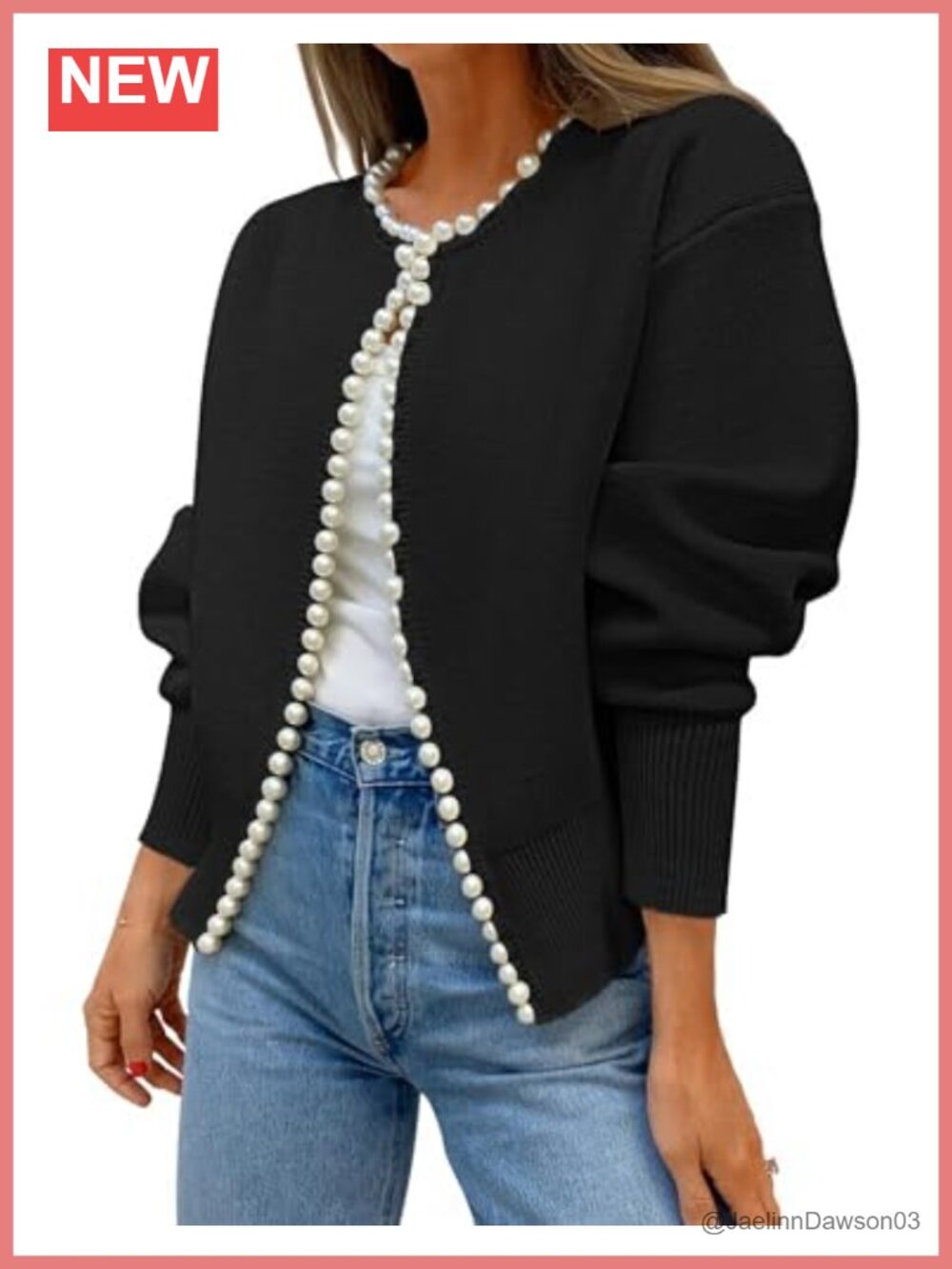 Pearl Beaded Open Front Knit Cardigan Long Sleeve Oversized Sweater